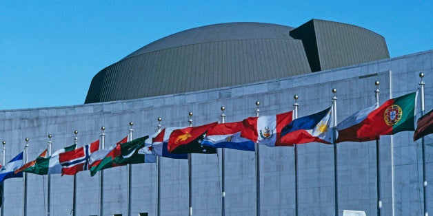 Flags in front of the United Nations Headquarters