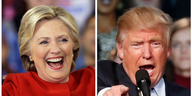 This combination of photos taken at late-night campaign rallies shortly after midnight on Tuesday, Nov. 8, 2016, shows Democr
