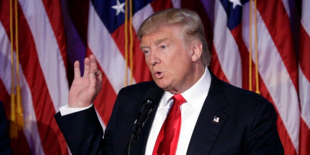 President-elect Donald Trump gives his acceptance speech during his election night rally, Wednesday, Nov. 9, 2016, in New York. (AP Photo/John Locher)