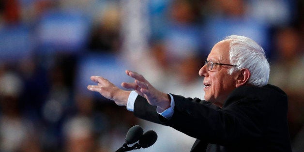 Former Democratic Presidential candidate, Sen. Bernie Sanders, I-Vt., gestures as he speaks during the first day of the Democ