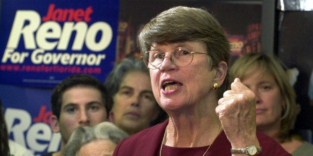 FILE - In this Tuesday, Sept. 17, 2002, file photo, Democratic gubernatorial candidate Janet Reno gestures during her concession speech at her Miami Lakes, Fla., campaign headquarters saying she told Bill McBride "he was going to be a great governor." Reno, the first woman to serve as U.S. attorney general and the epicenter of several political storms during the Clinton administration, has died early Monday, Nov. 7, 2016. She was 78. (AP Photo/Marta Lavandier)