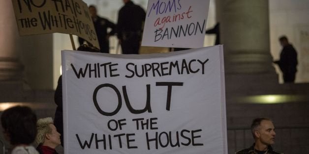 People protest the appointment of white nationalist alt-right media mogul, former Breitbart News head Steve Bannon, to be chi