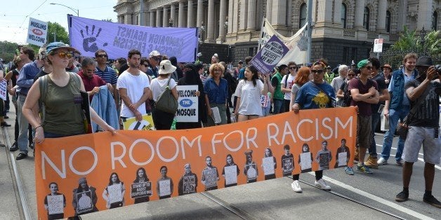 MELBOURNE, AUSTRALIA - NOVEMBER 20: People stage a protest against President-elect Donald Trump of Republican Party in Melbourne, Australia on November 20, 2016. (Photo by Recep Sakar/Anadolu Agency/Getty Images)