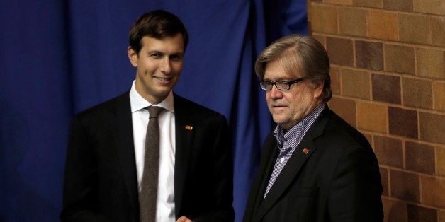 Jared Kushner (L) and Stephen Bannon stand by as Republican presidential nominee Donald Trump holds a campaign rally in Canton, Ohio, U.S., September 14, 2016. REUTERS/Mike Segar