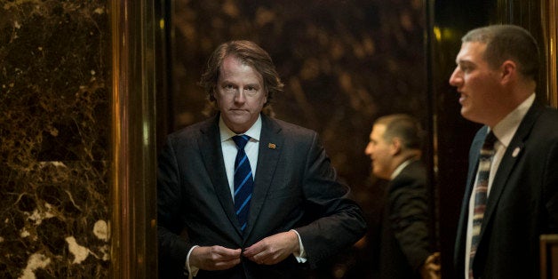 NEW YORK, NY - NOVEMBER 15: Don McGahn, general counsel for the Trump transition team, gets into an elevator in the lobby at