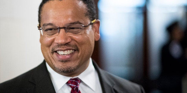 UNITED STATES - NOVEMBER 30: Rep. Keith Ellison, D-Minn., speaks to reporters following the House Democrats' leadership elect