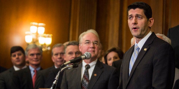 UNITED STATES - JANUARY 7 - Speaker of the House Paul Ryan, R-Wis., speaks alongside House Budget Committee Chairman Tom Price, R-Ga., and fellow Republicans at a signing ceremony for the 'Restoring Americans Healthcare Freedom Reconciliation Act of 2015' at the U.S. Capitol in Washington, Thursday, Jan. 7, 2016. (Photo By Al Drago/CQ Roll Call)