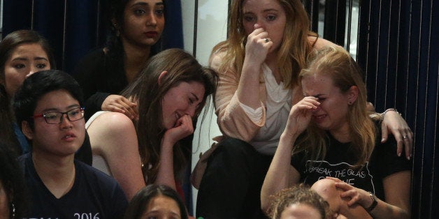 Supporters of U.S. Democratic presidential nominee Hillary Clinton react at her election night rally in Manhattan, New York,