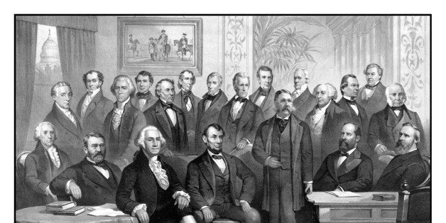 Vintage American history print of the first twenty-one Presidents of The United States seated together in The White House. It