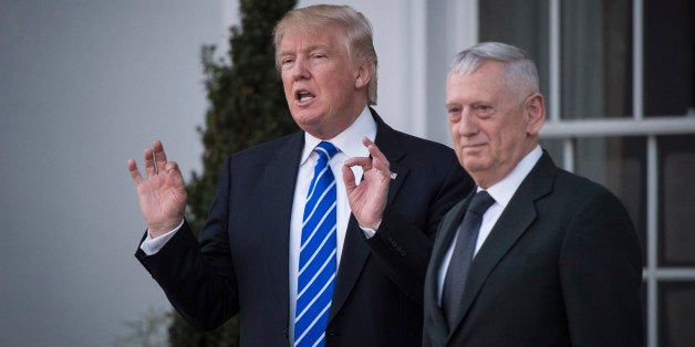 BEDMINSTER TOWNSHIP, NJ - NOVEMBER 19: President-elect Donald Trump walks out with retired Marine Corps Gen. James Mattis aft