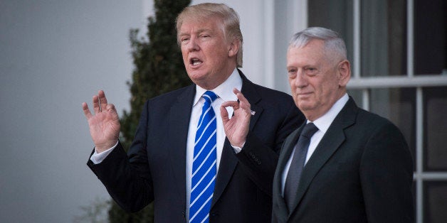 BEDMINSTER TOWNSHIP, NJ - NOVEMBER 19: President-elect Donald Trump walks out with retired Marine Corps Gen. James Mattis after a meeting at the Trump National Golf Club Bedminster clubhouse at Trump National Golf Club Bedminster in Bedminster Township, N.J. on Saturday, Nov. 19, 2016. (Photo by Jabin Botsford/The Washington Post via Getty Images)