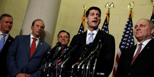 U.S. House Speaker Paul Ryan and House Republican Whip Steve Scalise (R-LA) introduce Representative Steve Stivers (R-OH), Representative Jason Smith (R-MO) and Representative Luke Messer (R-IN) as new members of the House Republican leadership team after their caucus held leadership elections on Capitol Hill in Washington, U.S. November 15, 2016. REUTERS/Jonathan Ernst