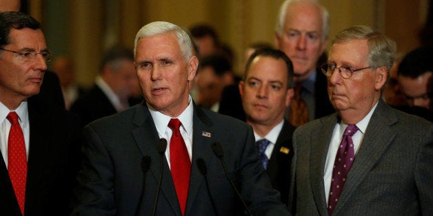 U.S. Vice President-elect Mike Pence (C) and Republican National Committee Chairman Reince Priebus (2nd R) join Senate Majority Leader Mitch McConnell (R) to speak with reporters after the weekly Republican caucus luncheon at the U.S. Capitol on Washington, U.S. January 4, 2017. Also pictured are U.S. Senator John Barrasso (R-WY) and Senator John Cornyn (R-TX). REUTERS/Jonathan Ernst