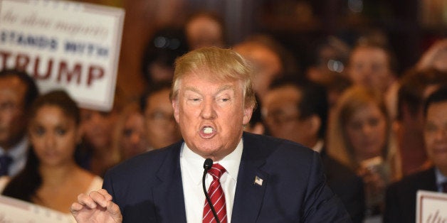 New York City - NY - USA - September 3 2015: Republican presidential candidate Donald Trump gestures emphatically during press conference at Trump Tower to announce he has signed a pledge not to run as an independent candidate