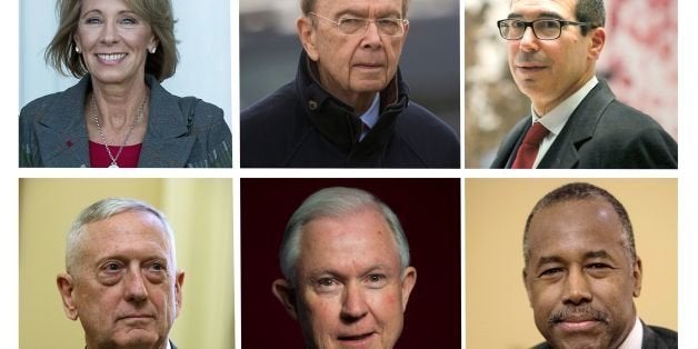 (COMBO)This file photo combination image created December 13, 2016 shows the current key cabinet nominees of US President-elect Donald Trump who takes office on January 20, 2016.Shown top (L-R)nominees for Secretary of State, Rex Tillerson, Secretary of Health and Human Services Tom Price and Energy Secretary Rick Perry .(2nd row top) (L-R) Secretary of Education, Betsy DeVos, Secretary of Commerce Wilber Ross and Secretary of Treasury Steven Mnuchin.(3rd row bottom) (L-R)Secretary of Defense James Mattis, Attorney General Jeff sessions and Secretary of Housing and Urban Development, Ben Carson. Bottom row (L-R)Secretary of Labor Andrew Puzder, Secretary of Labor Elaine Chao and Homeland Security Secretary John Kelly. / AFP / STAFF (Photo credit should read STAFF/AFP/Getty Images)