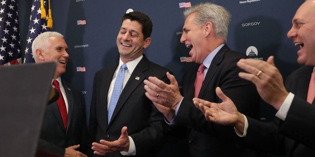 WASHINGTON, DC - JANUARY 04: U.S. Vice President-elect Mike Pence (L) shares a laugh with Speaker of the House Paul Ryan (R-WI) after Ryan called him 'Vice President-elect Donald Trump' during a news conference with Majority Leader Kevin McCarthy (R-CA) and Majority Whip Steve Scalise (R-LA) at the U.S. Capitol January 4, 2017 in Washington, DC. Pence met with GOP members to talk about a plan for repealing and replacing Obamacare. (Photo by Chip Somodevilla/Getty Images)