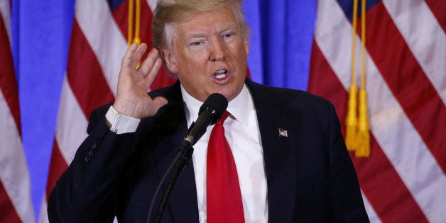 U.S. President-elect Donald Trump speaks during a news conference in the lobby of Trump Tower in Manhattan, New York City, U.S., January 11, 2017. REUTERS/Lucas Jackson