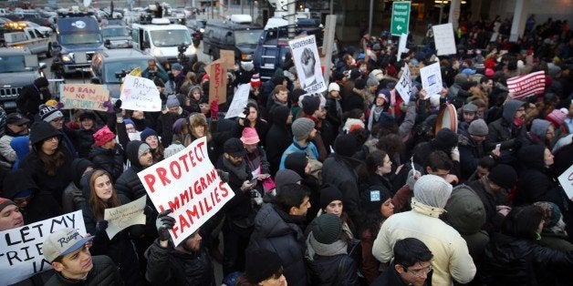NEW YORK, UNITED STATES - JANUARY 28: Immigration activists stage a protest against President Donald Trump's 90-days ban of e