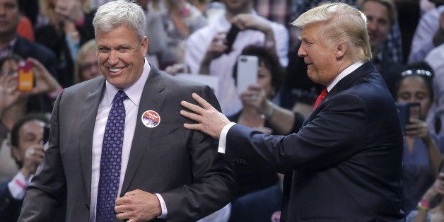 Buffalo Bills coach Rex Ryan appears onstage with U.S. Republican presidential candidate Donald Trump at a campaign event in Buffalo, New York, U.S., April 18, 2016. REUTERS/Carlo Allegri