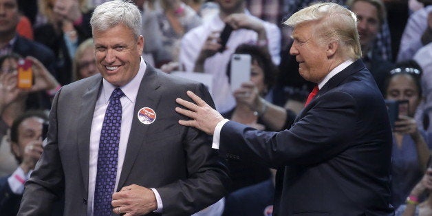 Buffalo Bills coach Rex Ryan appears onstage with U.S. Republican presidential candidate Donald Trump at a campaign event in