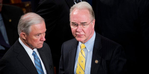 UNITED STATES - MARCH 25: Sen. Jeff Sessions, R-Ala., left, and Rep. Tom Price, R-Ga., talk in the Capitol's House Chamber before Afghan President Ashraf Ghani addressed a joint meeting of Congress, March 25, 2015. (Photo By Tom Williams/CQ Roll Call)