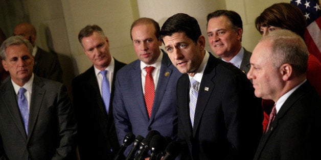 Speaker of the House Paul Ryan (R-WI) introduces House Majority Leader Kevin McCarty (R-CA), Steve Stivers (R-OH), Jason Smith (R-MO), Luke Messer (R-IN), Cathy McMorris Rodgers (R-WA), and House Majority Whip Steve Scalise (R-LA) after being renominated to be House Speaker by the House Republican caucus on Capitol Hill in Washington, U.S., November 15, 2016. REUTERS/Joshua Roberts