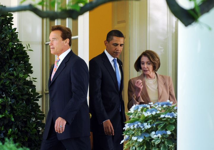 WASHINGTON - MAY 19: (L to R) California Governor Arnold Schwarzenegger, U.S. President Barack Obama and Speaker of the House Nancy Pelosi (D-CA) depart the Oval Office of the White House after meeting about auto efficiency and emissions May 19, 2009 in Washington, DC Obama announced a new national fuel and emission standards program for cars and trucks with the intention of cutting vehicle carbon emissions and raise mileage by 30 percent. (Photo by Michael Reynolds-Pool/Getty Images)