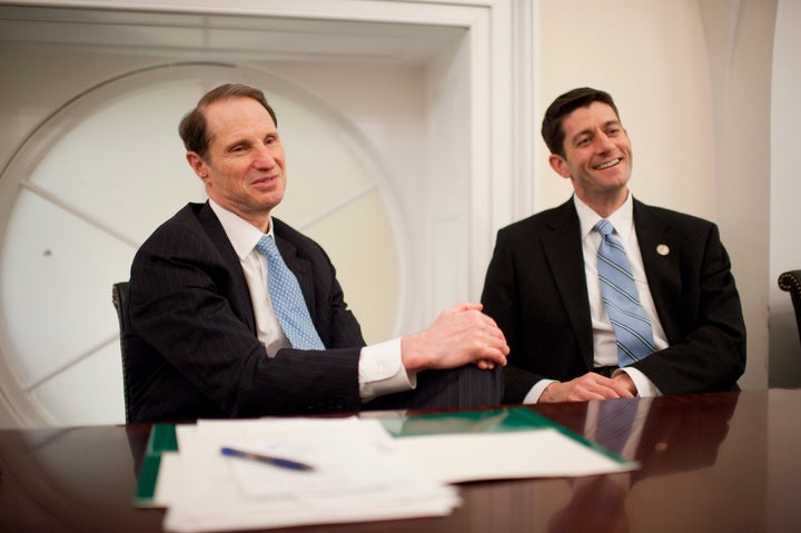 UNITED STATES - DECEMBER 14: Sen. Ron Wyden, D-Ore., left, and House Budget Committee Chairman Paul Ryan, R-Wis., are interviewed in the Capitol about their new proposal to reform Medicare. (Photo By Tom Williams/CQ Roll Call)