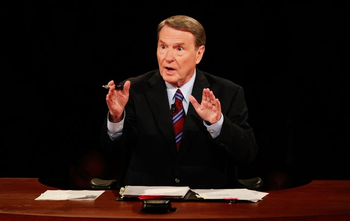 OXFORD, MS - SEPTEMBER 26: Debate moderator Jim Lehrer speaks during the first of three presidential debates before the 2008 election September 26, 2008 in the Gertrude Castellow Ford Center at the University of Mississippi in Oxford, Mississippi. Both candidates arrived in Oxford after taking part in negotiations the previous day in Washington, D.C. to solve the current financial crisis. (Photo by Chip Somodevilla/Getty Images)