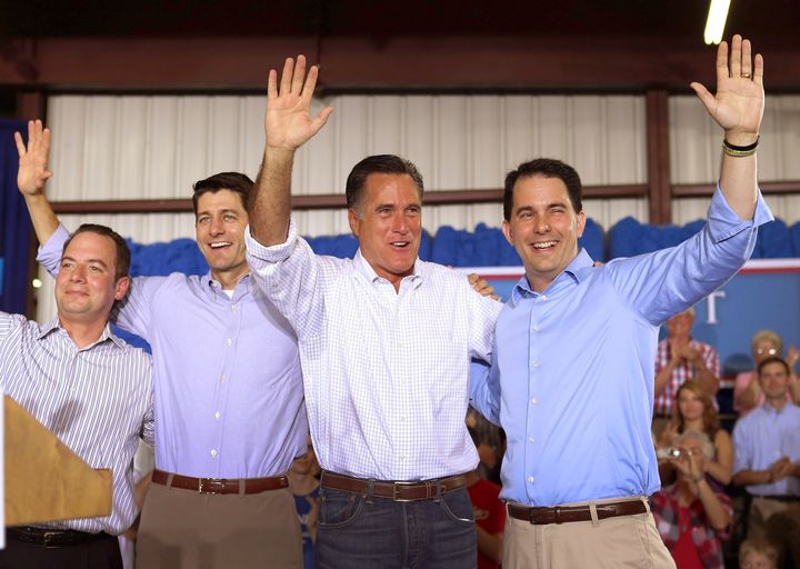 JANESVILLE, WI - JUNE 18: (L-R) Reince Priebus, Republican National Committee chairman, Rep. Paul Ryan (R-WI), Republican presidential candidate, former Massachusetts Gov. Mitt Romney and Wisconsin Governor Scott Walker wave together during a campaign event at Monterey Mills on June 18, 2012 in Janesville, Wisconsin. Mr. Romney continues hs campaign swing through battle ground states as he battles President Barack Obama for votes. (Photo by Joe Raedle/Getty Images)