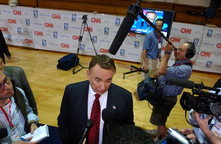 MANCHESTER, NH - JUNE 5: Republican presidential candidate, former Wisconsin Gov. Tommy G. Thompson speaks to the media after a GOP presidential debate at Saint Anselms College June 5, 2007 in Manchester, New Hampshire. The debate brings together the ten Republican candidates, which followed Sunday's democratic debate. (Photo by Darren McCollester/Getty Images)