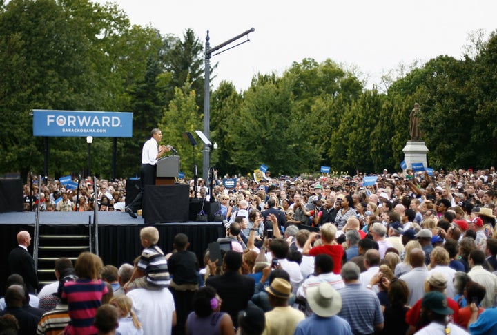 COLUMBUS, OH - SEPTEMBER 17: U.S. President Barack Obama speaks to supporters on September 17, 2012 in Columbus, Ohio. President Obama spent the day in Ohio campaigning in Cincinnati and Columbus. (Photo by Matt Sullivan/Getty Images)