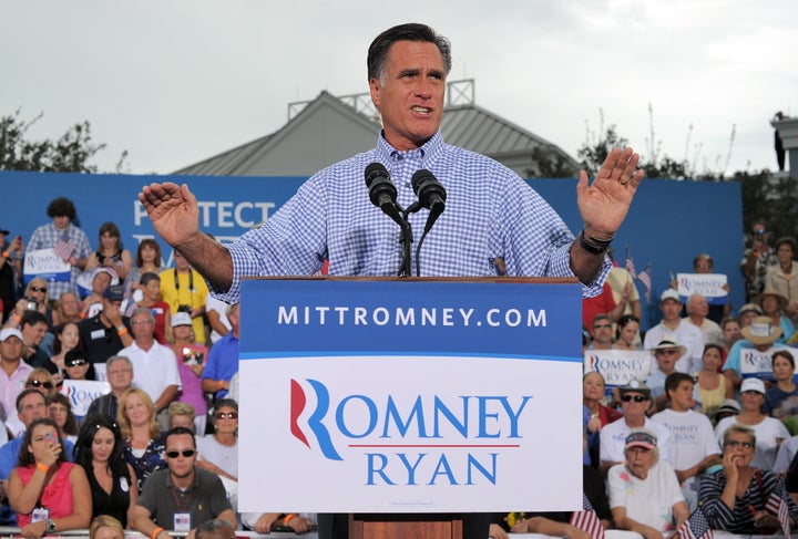 US Republican presidential candidate Mitt Romney speaks during a campaign rally in Port Saint Lucie, Florida, on October 7, 2012. US President Barack Obama's campaign intensified attacks Sunday on Romney's honesty as it tried to halt the Republican challenger's momentum after a strong first debate performance. Romney's people hit back, and did so sarcastically, depicting Obama's people as childish sore losers after he came across as flat, nervous and unassertive during their first face-to-face encounter in Denver, Colorado. AFP PHOTO/Jewel Samad (Photo credit should read JEWEL SAMAD/AFP/GettyImages)