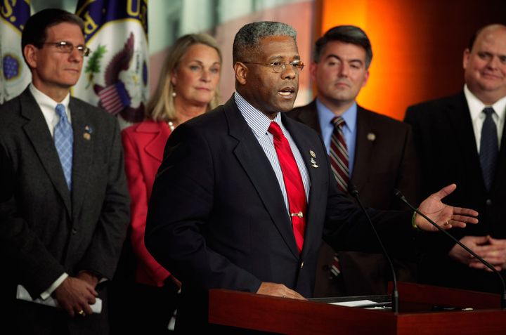WASHINGTON, DC - DECEMBER 19: Rep. Allen West (R-FL) (C) speaks during a news conference on the payroll tax vote with fellow House Republican freshmen (L-R) Rep. Joe Heck (R-NV), Rep. Ann Marie Buerkle (R-NY), Rep. Cory Gardner (R-CO) and Rep. Tom Reed (R-NY) at the U.S. Capitol December 19, 2011 in Washington, DC. The GOP congressmen were critical of the Senate and the legislation they passed extending the payroll tax holiday, unemployment benefits and an adjustment in the payments that go to doctors for medicaid visits. (Photo by Chip Somodevilla/Getty Images)