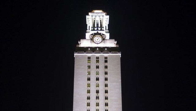 ut clock tower at night.