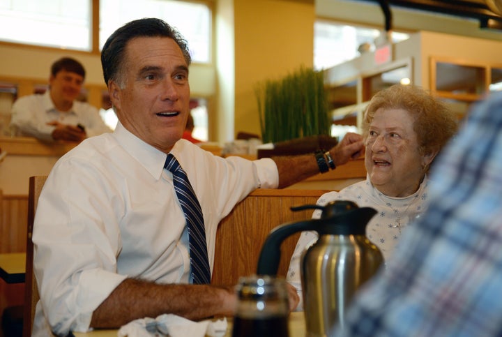 US Republican Presidential candidate Mitt Romney pays a visit to First Watch cafe in Cincinnati, Ohio, October 25, 2012. AFP PHOTO/Emmanuel DUNAND (Photo credit should read EMMANUEL DUNAND/AFP/Getty Images)