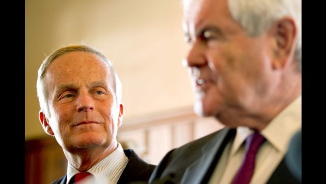 KIRKWOOD, MO - SEPTEMBER 24: U.S. Rep. Todd Akin (R-MO) and former Speaker of the House Newt Gingrich (R) address the press on September 24, 2012 in Kirkwood, Missouri. Gingrich was in the St. Louis area to attend a fundraiser for Akin's U.S. Senate campaign against incumbent Claire McCaskill. (Photo by Whitney Curtis/Getty Images)