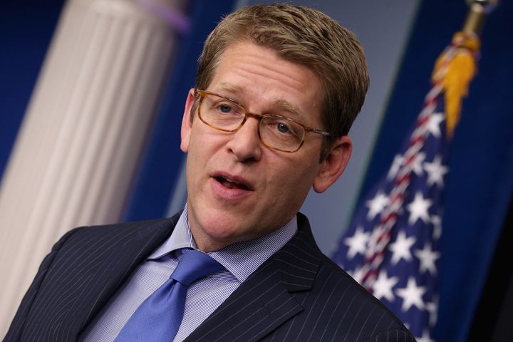 WASHINGTON, DC - JANUARY 08: White House Press Secretary Jay Carney conducts the daily news briefing in the James Brady Press Briefing Room at the White House January 8, 2013 in Washington, DC. Carney said that the White House will not negotiate with Congress about raising the national debt ceiling. (Photo by Chip Somodevilla/Getty Images)
