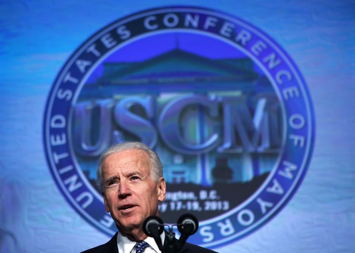 WASHINGTON, DC - JANUARY 17: U.S. Vice President Joseph Biden addresses the 81st Winter Meeting of the U.S. Conference of Mayors (USCM) at Capital Hilton Hotel January 17, 2013 in Washington, DC. Biden delivered remarks on gun control during the opening plenary luncheon of the meeting. (Photo by Alex Wong/Getty Images)
