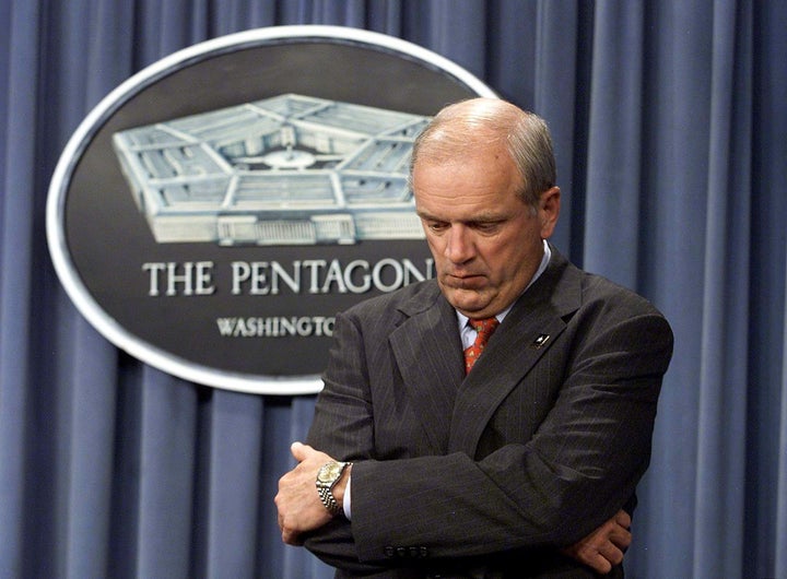 WASHINGTON, : US Army Secretary Thomas White listens to a reporter's question 08 May 2002 during a briefing at the Pentagon in Washington, DC. White, 58, has been in the spotlight for his links to the bankrupt energy giant Enron, as well as a disagreement over ending an 11-billion-dollar artillery system called the Crusader. AFP PHOTO by Luke FRAZZA (Photo credit should read LUKE FRAZZA/AFP/Getty Images)