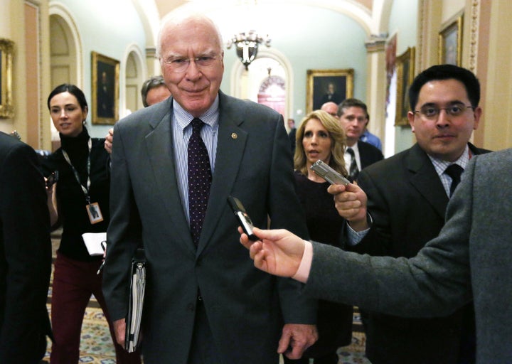 WASHINGTON, DC - JANUARY 29: U.S. Sen. Patrick Leahy (D-VT) speaks to members of the press prior to the weekly Senate Democr