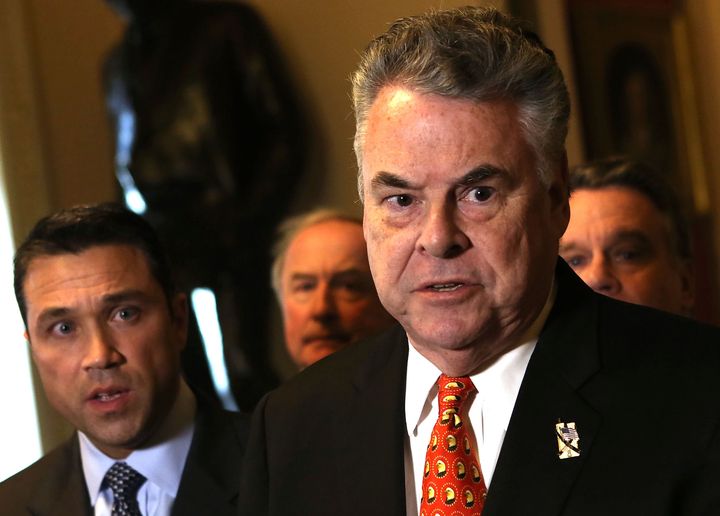 WASHINGTON, DC - JANUARY 02: U.S. Rep. Peter King (R-NY) (R) and Rep. Michael Grimm January 2, 2013 on Capitol Hill in Washington, DC. The House Republican leadership was criticized for not acting on the Senate passed legislation for Hurricane Sandy disaster aid. (Photo by Alex Wong/Getty Images)