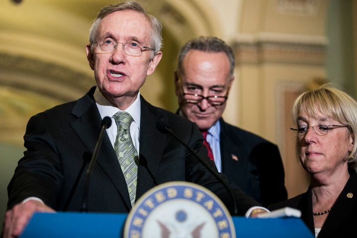 WASHINGTON, DC - JULY 25: U.S. Sen. Harry Reid (D-NV) (L) addresses a press conference with U.S. Sen. Charles Schumer (D-NY) and U.S. Sen. Patty Murray (D-WA) following a 54-45 vote against a House bill that would include the wealthiest Americans in an extension of the Bush-era tax cuts on July 25, 2012 in Washington, DC. The Senate instead approved by a vote of 51-48 a Democratic bill that excludes the highest-earning Americans from a yearlong extension of tax cuts. (Photo by T.J. Kirkpatrick/Getty Images)