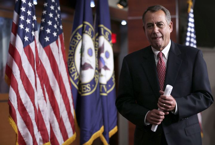 WASHINGTON, DC - FEBRUARY 14: U.S. Speaker of the House Rep. John Boehner (R-OH) leaves after a news briefing February 14, 2013 on Capitol Hill in Washington, DC. Boehner held an on-camera briefing to answer questions from the media. (Photo by Alex Wong/Getty Images)