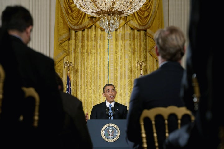 WASHINGTON, DC - JANUARY 14: U.S. President Barack Obama holds a news conference in the East Room of the White House January 14, 2013 in Washington, DC. This is Obama's final press conference of his first presidential term. (Photo by Chip Somodevilla/Getty Images)