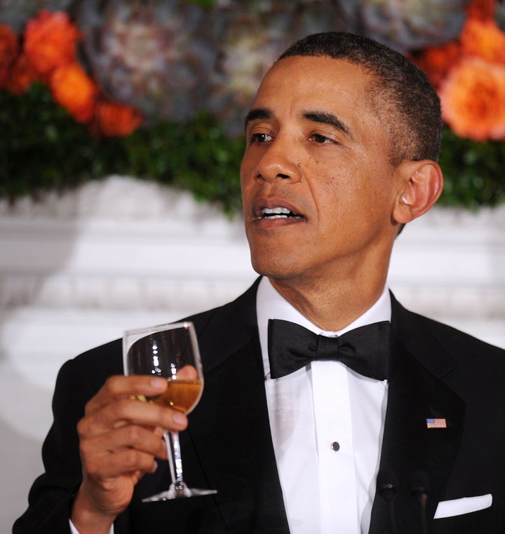 WASHINGTON, DC - FEBRUARY 24: U.S. President Barack Obama offers a toast during a event with the National Governors Association in the State Dining Room of the White House on February 24, 2013 in Washington, DC. The nation's governors are congregating in Washington for their annual National Governors Association annual meeting. (Photo by Olivier Douliery-Pool/Getty Images)