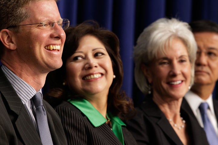 WASHINGTON - JUNE 22: (L-R) Housing and Urban Development Secretary Shaun Donovan, Labor Secretary Hilda Solis, Health and Human Services Secretary Kathleen Sebelius and Veterans Affairs Secretary Eric Shinseki participate in the release of a report about homelessness June 22, 2010 in Washington, DC. The Obama Administration cabinet members used the event to release the nation's first comprehensive strategy to prevent and end homelessness, called 'Opening Doors.' (Photo by Chip Somodevilla/Getty Images)