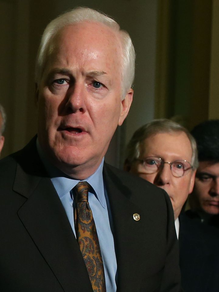WASHINGTON, DC - NOVEMBER 14: U.S. Sen. John Cornyn (R-TX) (L), speaks to the media while flanked by Senate Minority Leader Mitch McConnell (R-KY), on November 14, 2012 in Washington, DC. The Senators spoke briefly to reporters after attending a policy luncheon. (Photo by Mark Wilson/Getty Images)