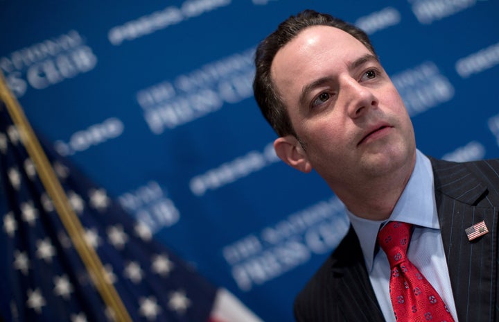 WASHINGTON, DC - MARCH 18: Republican National Committee Chairman Reince Priebus talks with members of the press after speak