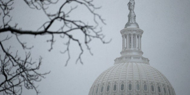 WASHINGTON, DC - MARCH 06: A wet and heavy mixture of rain and snow covers the north side of the bronze Statue of Freedom on